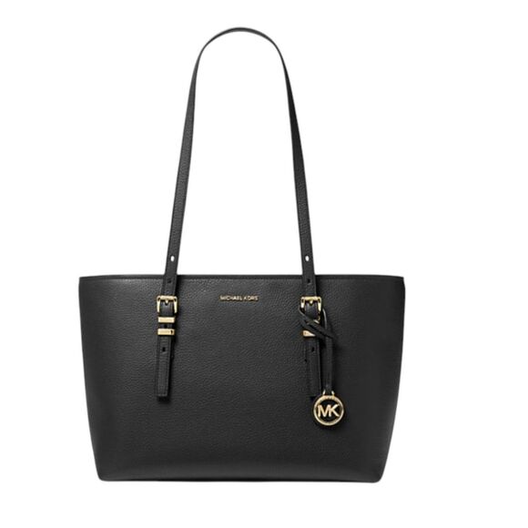 Michael Kors Jet Set Travel Medium Saffiano Leather Tote Black Gold Hardware - Picture 1 of 8